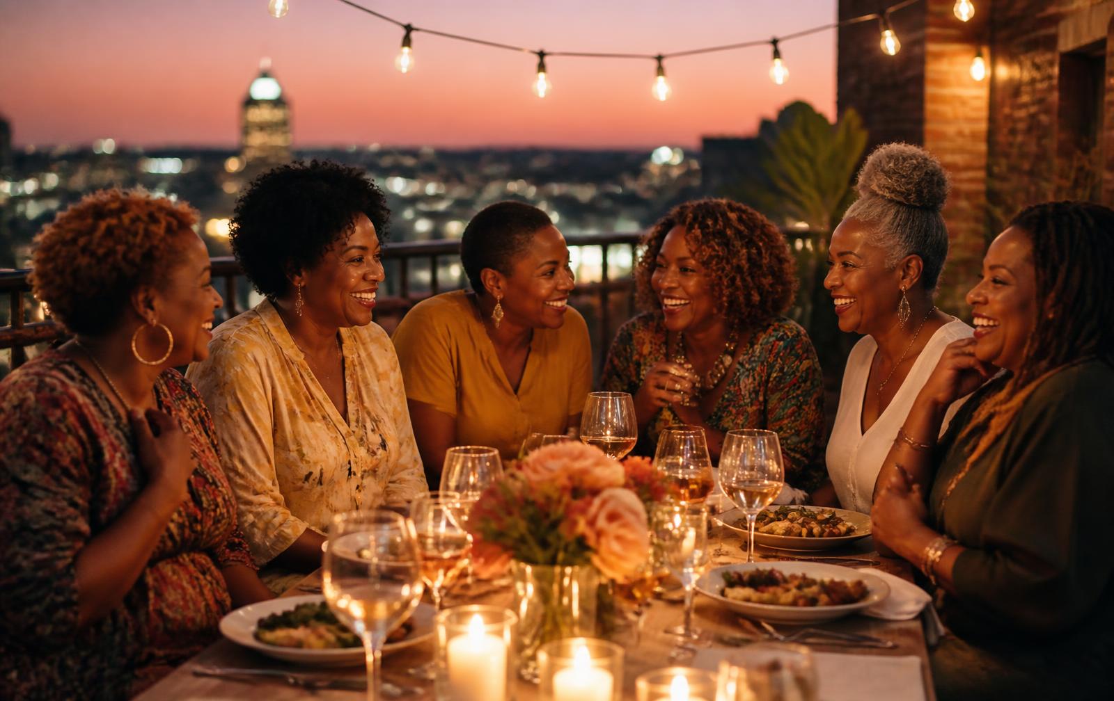 Grown Black women laughing together at a rooftop dinner